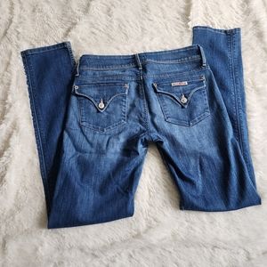 Hudson stretchy skinny blue denim jeans fold over button back pockets size 27